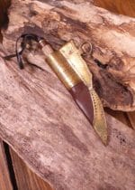 Vikingų peilis, damasko plieno geležtė, medinis/kaulinis rankena su Ravens, minor flaws