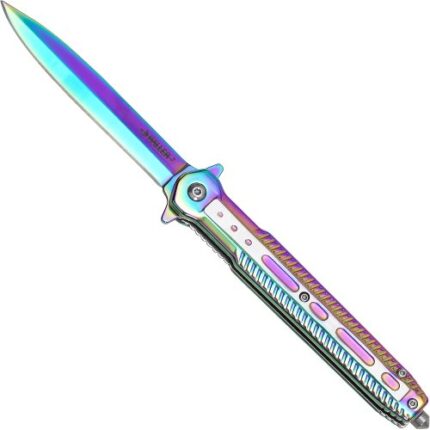 Stiletto tipo kišeninis peilis su vaivorykštine danga